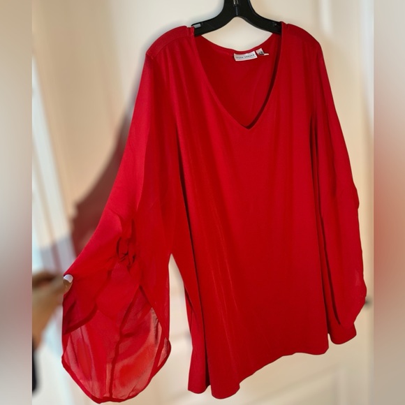 Susan Graver Red Relaxed V-Neck Blouse - Picture 1 of 10